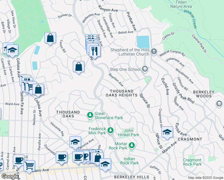 map of restaurants, bars, coffee shops, grocery stores, and more near 589 San Luis Road in Berkeley