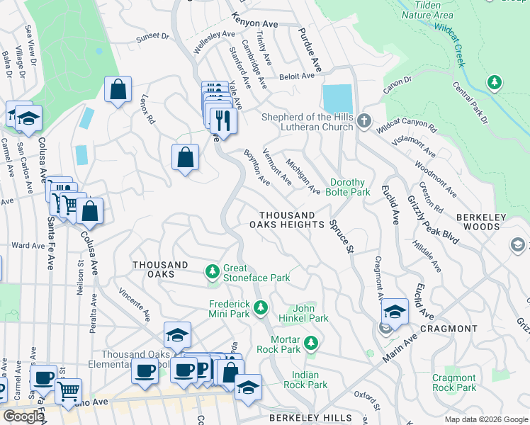 map of restaurants, bars, coffee shops, grocery stores, and more near 565 San Luis Road in Berkeley