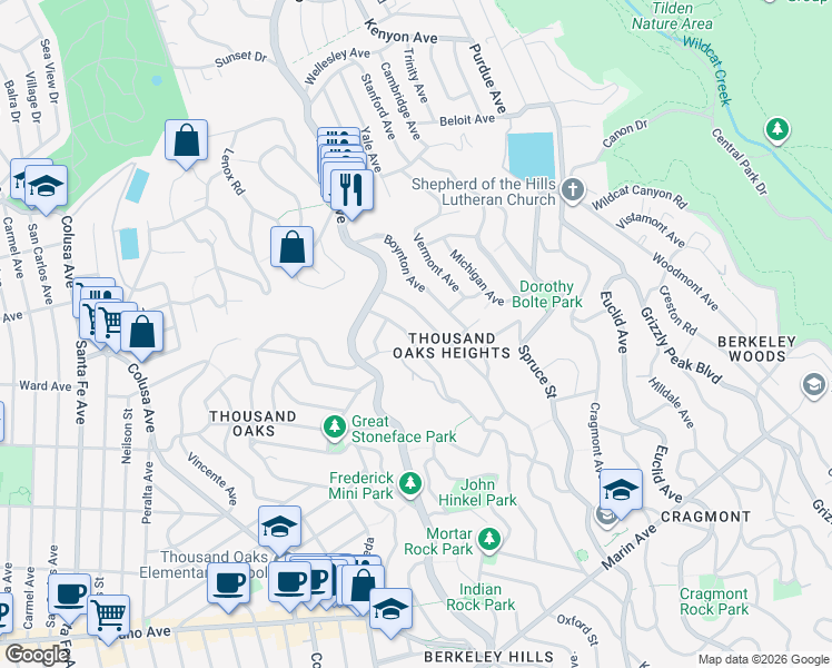 map of restaurants, bars, coffee shops, grocery stores, and more near 565 San Luis Road in Berkeley