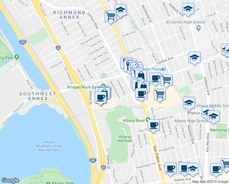 map of restaurants, bars, coffee shops, grocery stores, and more near 5812 San Diego Street in El Cerrito