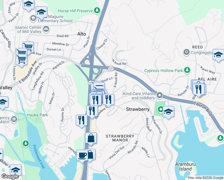 map of restaurants, bars, coffee shops, grocery stores, and more near 24 South Knoll Road in Mill Valley