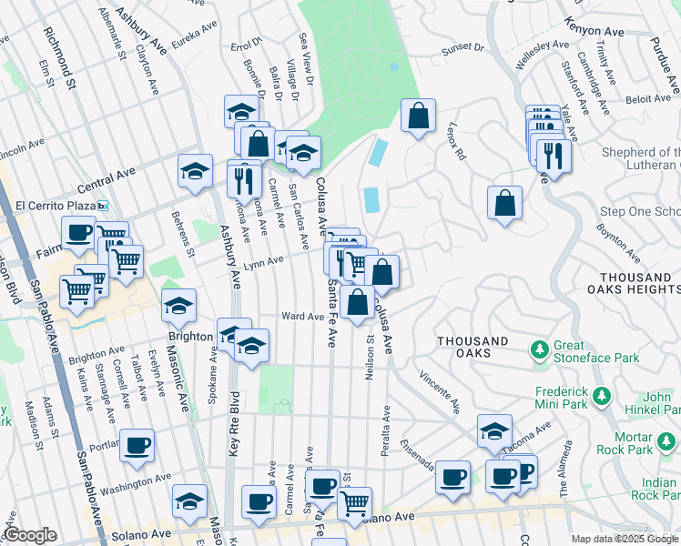 map of restaurants, bars, coffee shops, grocery stores, and more near 367 Colusa Avenue in Kensington