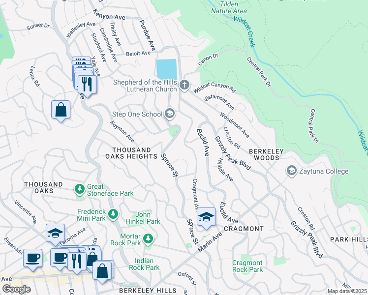 map of restaurants, bars, coffee shops, grocery stores, and more near 614 Cragmont Avenue in Berkeley