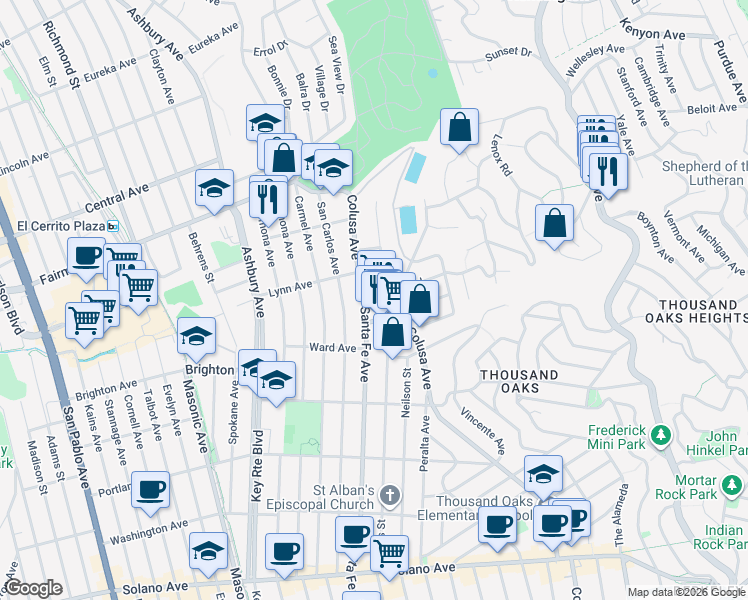 map of restaurants, bars, coffee shops, grocery stores, and more near 357 Colusa Avenue in Kensington