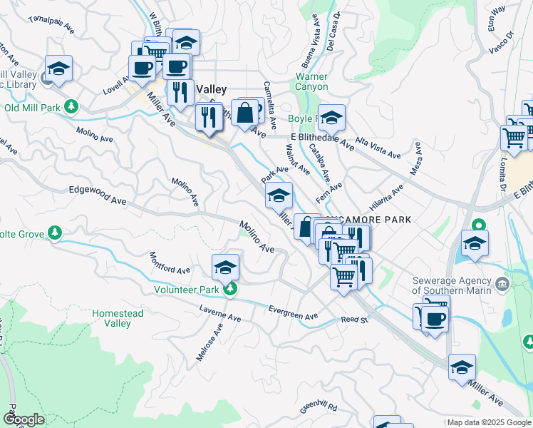map of restaurants, bars, coffee shops, grocery stores, and more near 389 Ethel Avenue in Mill Valley