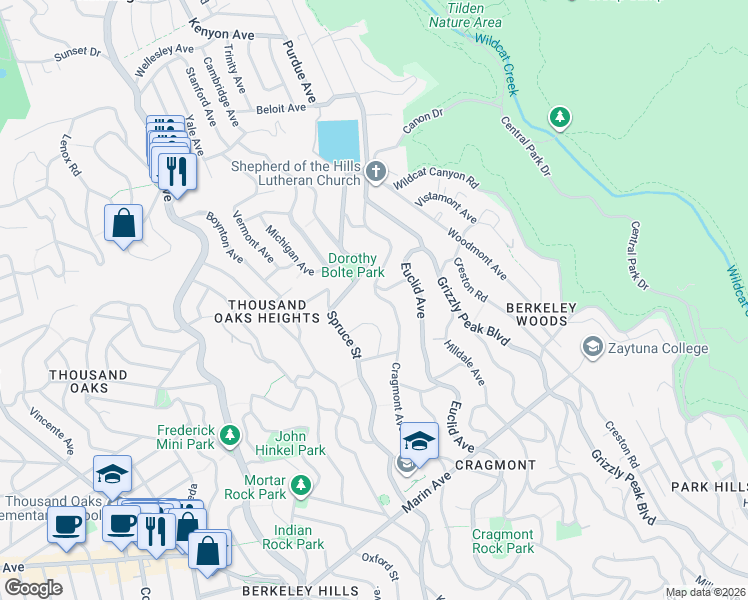 map of restaurants, bars, coffee shops, grocery stores, and more near 614 Cragmont Avenue in Berkeley