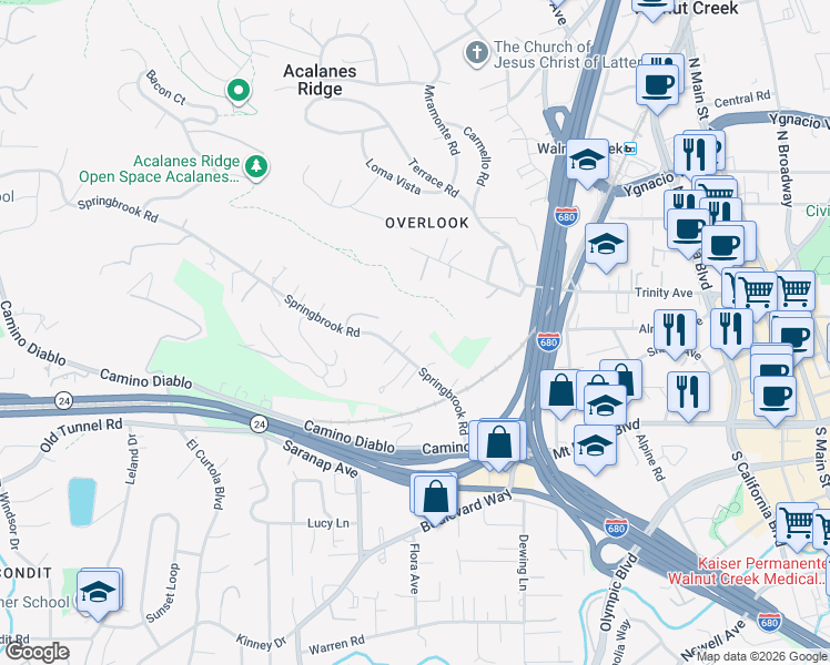 map of restaurants, bars, coffee shops, grocery stores, and more near 5 Rebecca Court in Walnut Creek