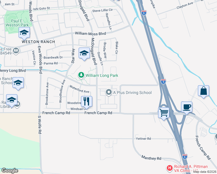 map of restaurants, bars, coffee shops, grocery stores, and more near 658 Brittanyann Lane in Stockton