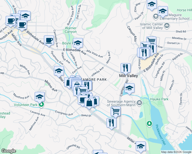 map of restaurants, bars, coffee shops, grocery stores, and more near 28 Matilda Avenue in Mill Valley