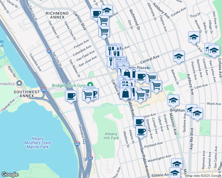 map of restaurants, bars, coffee shops, grocery stores, and more near 3325 Carlson Boulevard in El Cerrito