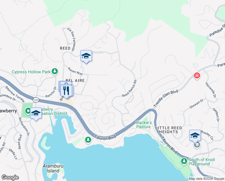 map of restaurants, bars, coffee shops, grocery stores, and more near 9 Cecilia Court in Tiburon