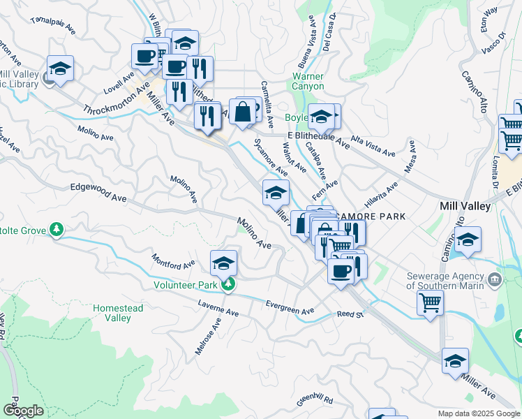 map of restaurants, bars, coffee shops, grocery stores, and more near 254 Miller Avenue in Mill Valley