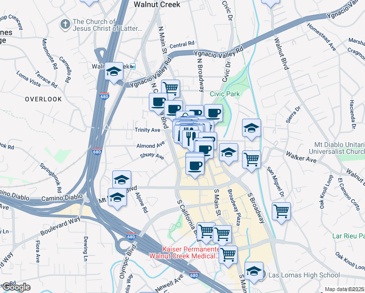 map of restaurants, bars, coffee shops, grocery stores, and more near 1548 Locust Street in Walnut Creek