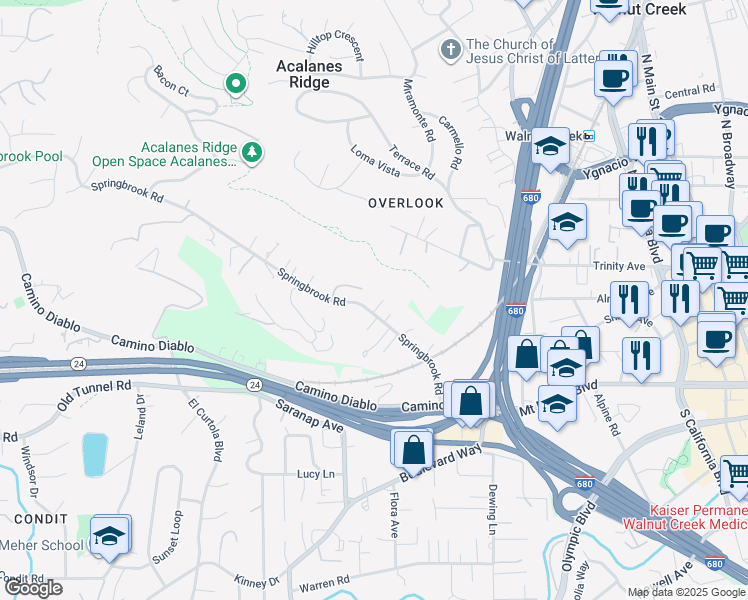 map of restaurants, bars, coffee shops, grocery stores, and more near 1436 Springbrook Road in Walnut Creek
