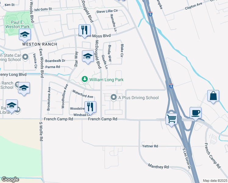 map of restaurants, bars, coffee shops, grocery stores, and more near 658 Brittanyann Lane in Stockton