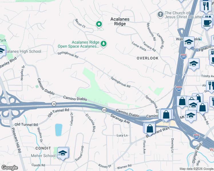map of restaurants, bars, coffee shops, grocery stores, and more near 130 Hillcroft Way in Walnut Creek