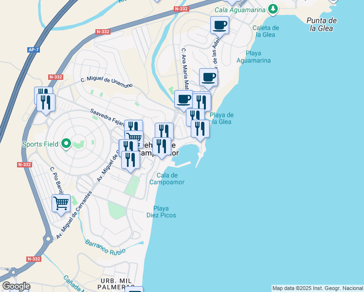 map of restaurants, bars, coffee shops, grocery stores, and more near 3 Ronda Ramon de Campoamor in Alicante