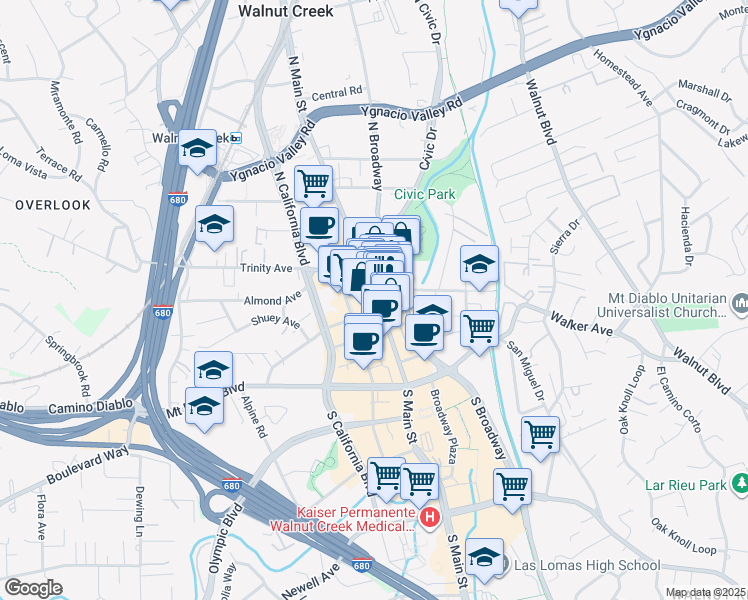 map of restaurants, bars, coffee shops, grocery stores, and more near 1528 North Main Street in Walnut Creek