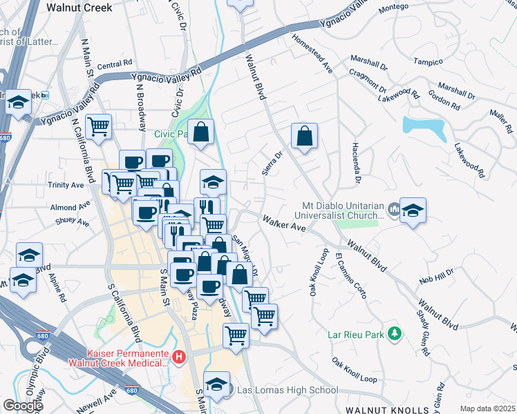 map of restaurants, bars, coffee shops, grocery stores, and more near 185 Sierra Drive in Walnut Creek