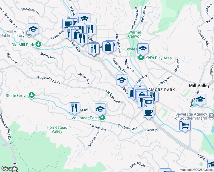 map of restaurants, bars, coffee shops, grocery stores, and more near 367 Molino Avenue in Mill Valley