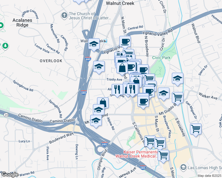 map of restaurants, bars, coffee shops, grocery stores, and more near 1848 Almond Avenue in Walnut Creek