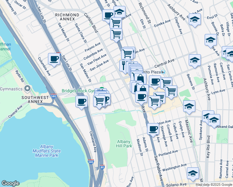 map of restaurants, bars, coffee shops, grocery stores, and more near 5812 San Diego Street in El Cerrito