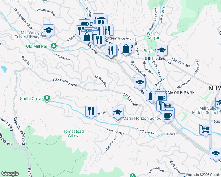 map of restaurants, bars, coffee shops, grocery stores, and more near 322 Ethel Avenue in Mill Valley