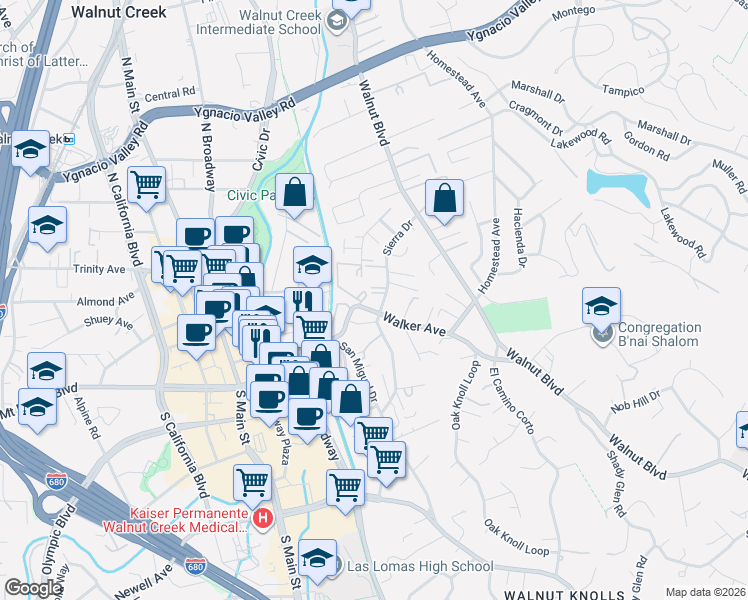 map of restaurants, bars, coffee shops, grocery stores, and more near 185 Sierra Drive in Walnut Creek