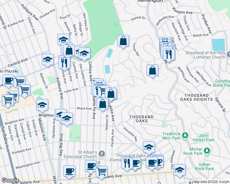 map of restaurants, bars, coffee shops, grocery stores, and more near 1643 Oak View Avenue in Kensington