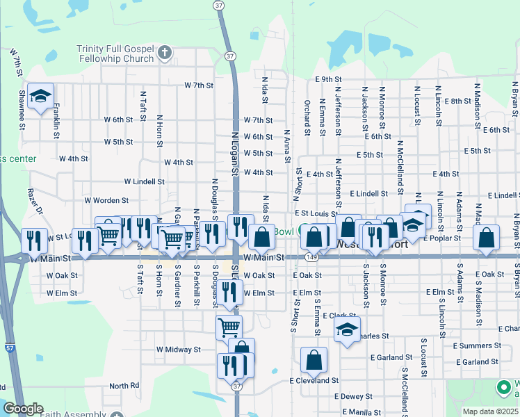 map of restaurants, bars, coffee shops, grocery stores, and more near 203 West Saint Louis Street in West Frankfort