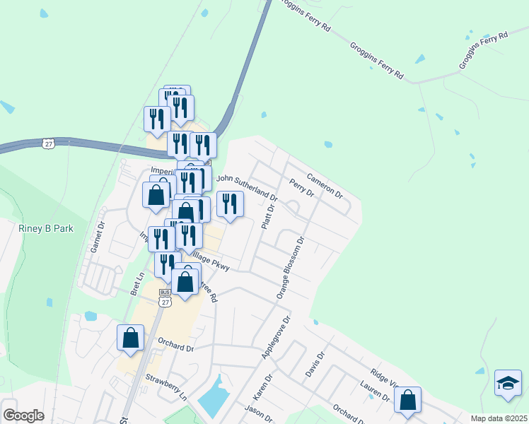 map of restaurants, bars, coffee shops, grocery stores, and more near 230 John Sutherland Drive in Nicholasville