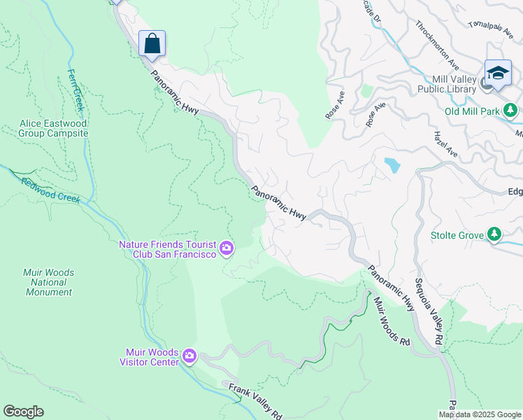 map of restaurants, bars, coffee shops, grocery stores, and more near 8 Ridge Avenue in Mill Valley
