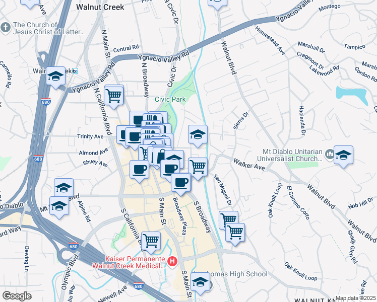 map of restaurants, bars, coffee shops, grocery stores, and more near 1465 Mount Pisgah Road in Walnut Creek