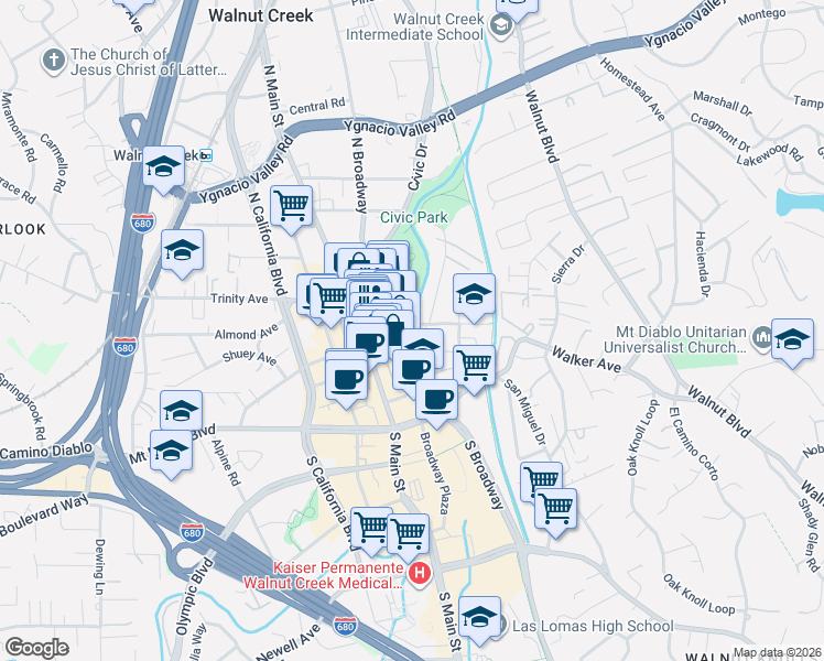 map of restaurants, bars, coffee shops, grocery stores, and more near 1615 Carmel Drive in Walnut Creek