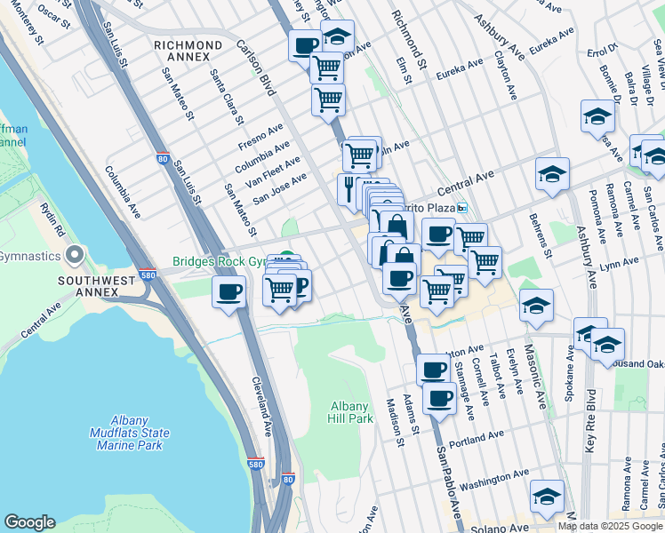 map of restaurants, bars, coffee shops, grocery stores, and more near 5812 San Diego Street in El Cerrito