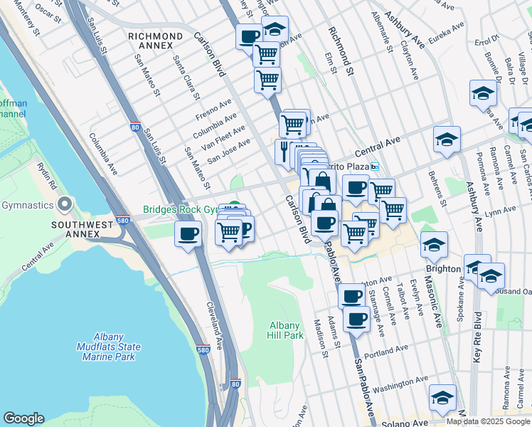 map of restaurants, bars, coffee shops, grocery stores, and more near 5812 San Diego Street in El Cerrito
