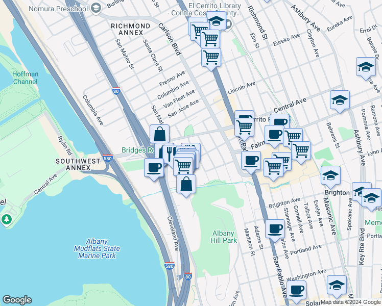 map of restaurants, bars, coffee shops, grocery stores, and more near 3247 Belmont Avenue in El Cerrito