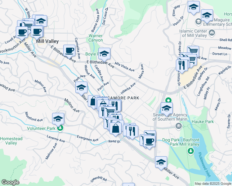 map of restaurants, bars, coffee shops, grocery stores, and more near Locust Avenue in Mill Valley