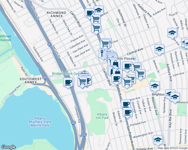 map of restaurants, bars, coffee shops, grocery stores, and more near Santa Clara Avenue & San Diego Street in El Cerrito