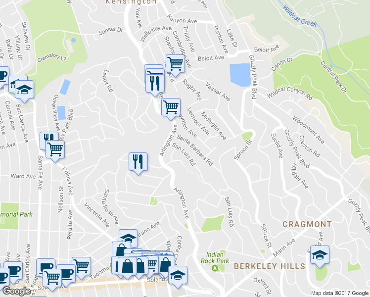 map of restaurants, bars, coffee shops, grocery stores, and more near 565 San Luis Road in Berkeley