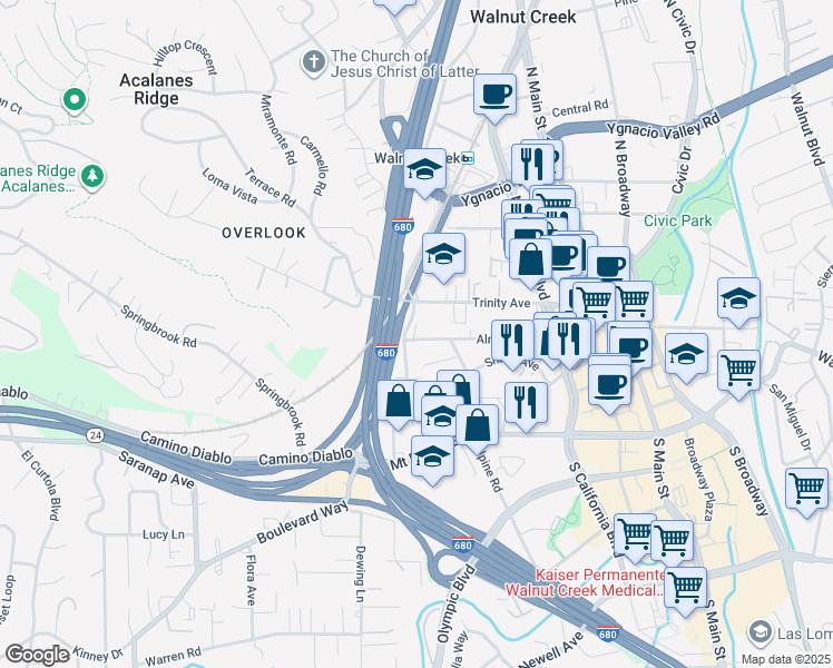 map of restaurants, bars, coffee shops, grocery stores, and more near 1960 Almond Avenue in Walnut Creek
