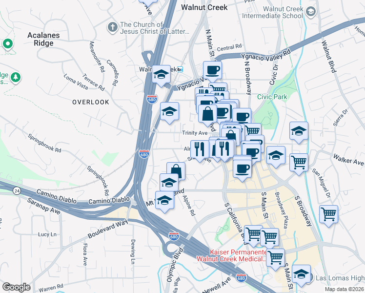 map of restaurants, bars, coffee shops, grocery stores, and more near 1848 Almond Avenue in Walnut Creek