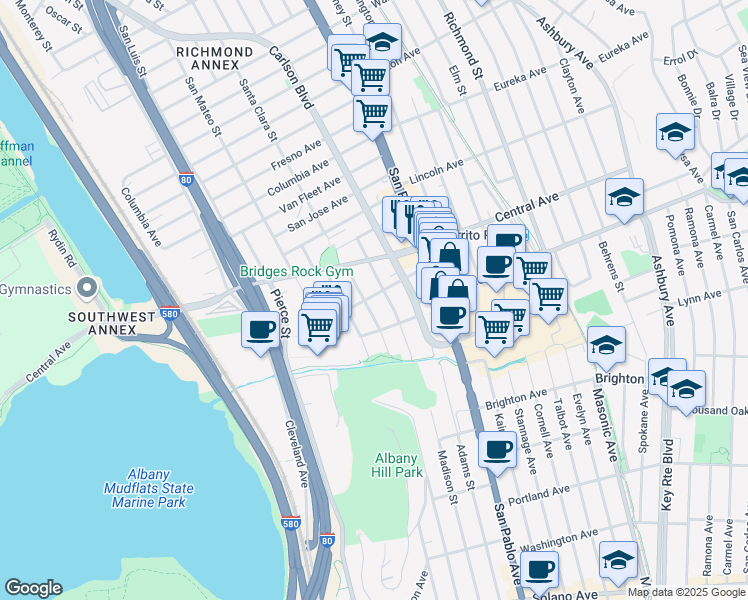 map of restaurants, bars, coffee shops, grocery stores, and more near 5812 San Diego Street in El Cerrito