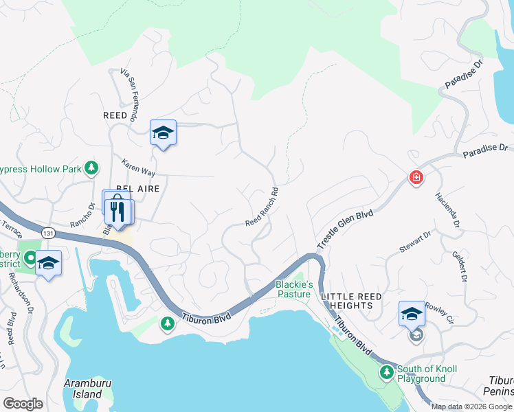 map of restaurants, bars, coffee shops, grocery stores, and more near 4 Warrens Way in Tiburon