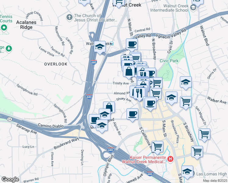 map of restaurants, bars, coffee shops, grocery stores, and more near 1848 Almond Avenue in Walnut Creek