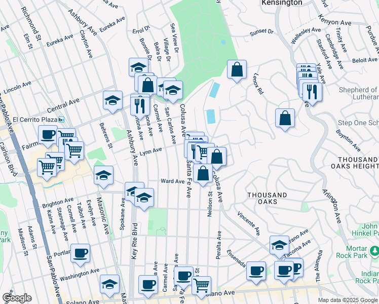 map of restaurants, bars, coffee shops, grocery stores, and more near 355 Colusa Avenue in Kensington