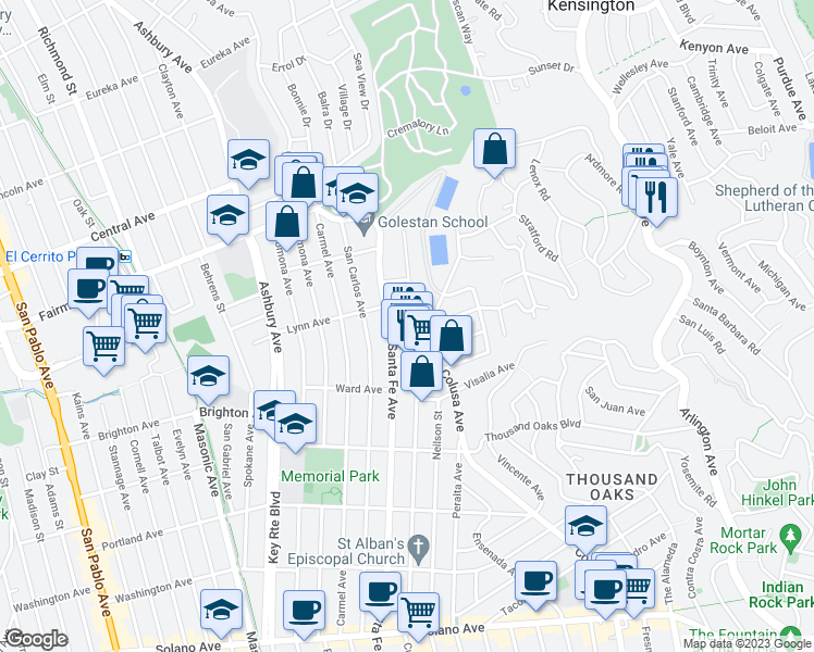 map of restaurants, bars, coffee shops, grocery stores, and more near 357 Colusa Avenue in Kensington