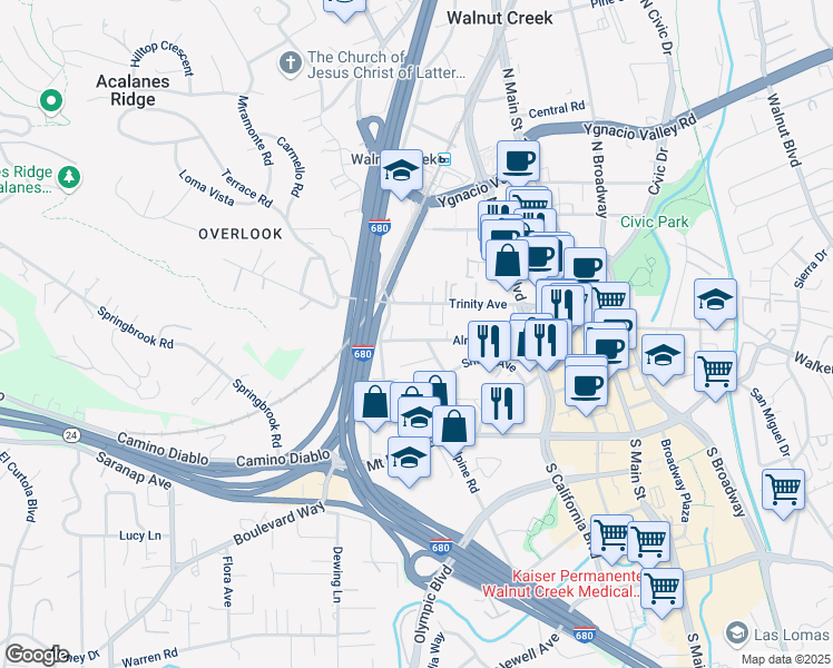 map of restaurants, bars, coffee shops, grocery stores, and more near 1914 Almond Avenue in Walnut Creek