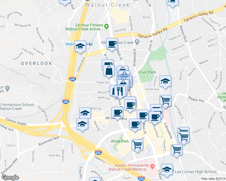map of restaurants, bars, coffee shops, grocery stores, and more near 1711 Almond Avenue in Walnut Creek