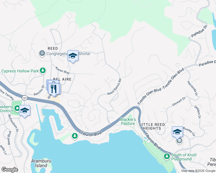 map of restaurants, bars, coffee shops, grocery stores, and more near 23 Cecilia Court in Tiburon